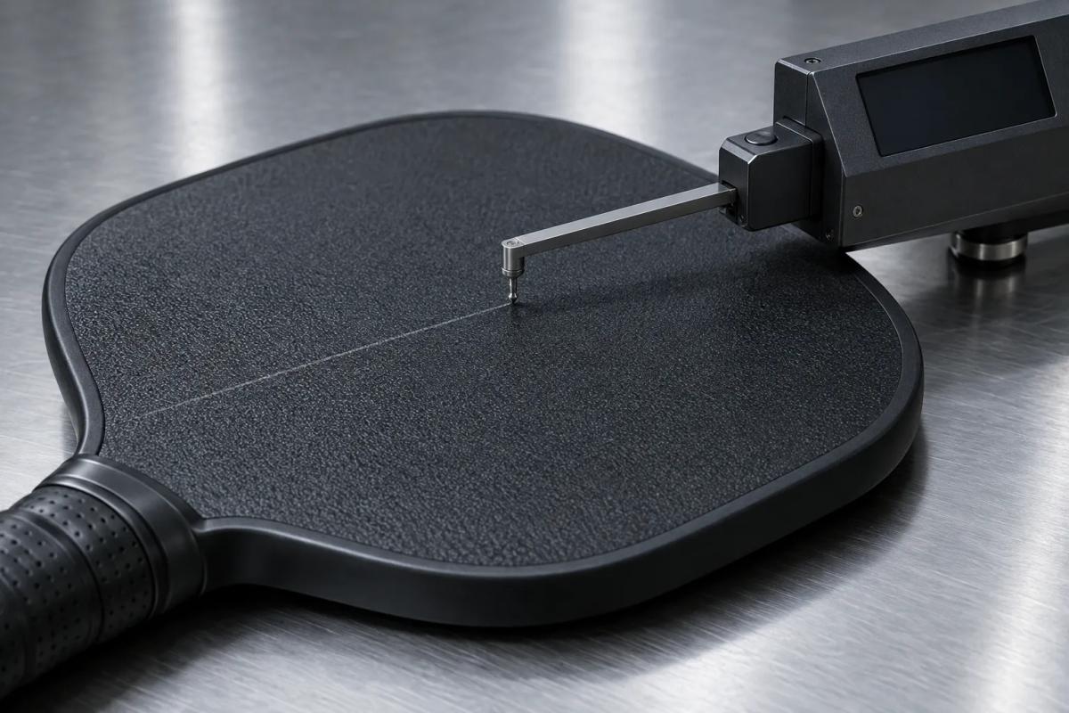A contact surface-roughness tester with its stylus arm resting on the textured black face of a pickleball paddle, tracing a single straight line across the surface