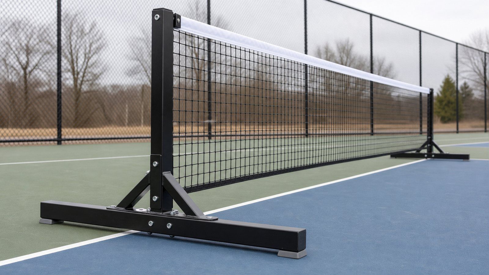 Portable pickleball net system with a black powder-coated square steel frame and wide low base rails on an outdoor court