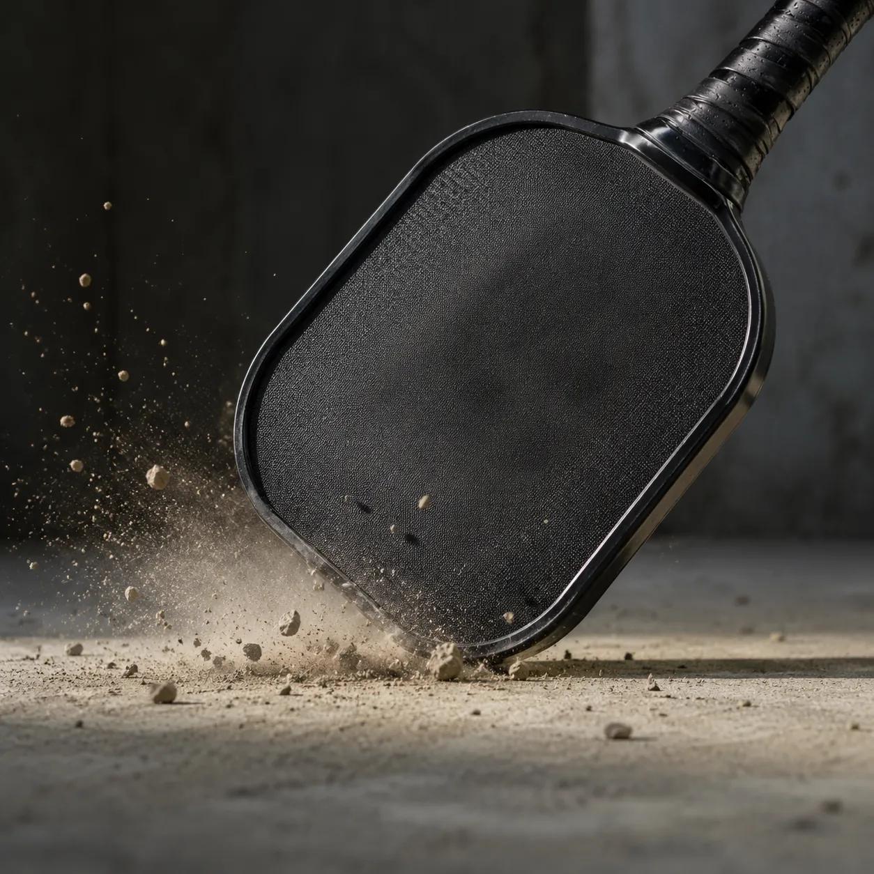 Hyper-realistic product photography, close-up of a robust pickleball rental paddle with a 10mm edge guard being dropped onto concrete, dust particles suspended mid-air, dramatic side lighting emphasizing impact resilience, no text, no brand logo