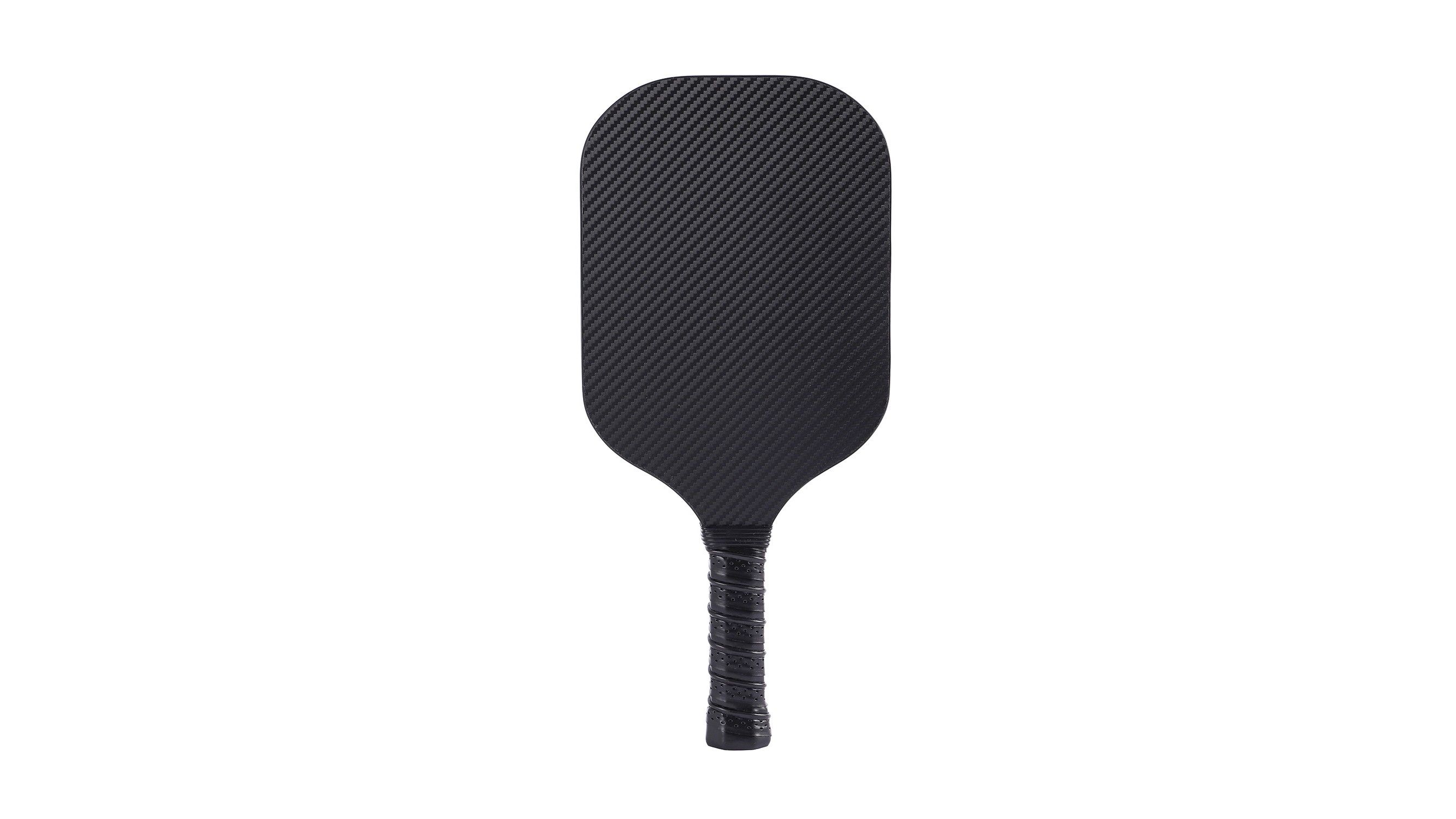 Close-up of a black pickleball paddle grip and handle, showing the wrapped area where an origin mark printed on grip tape would be lost when a player re-wraps