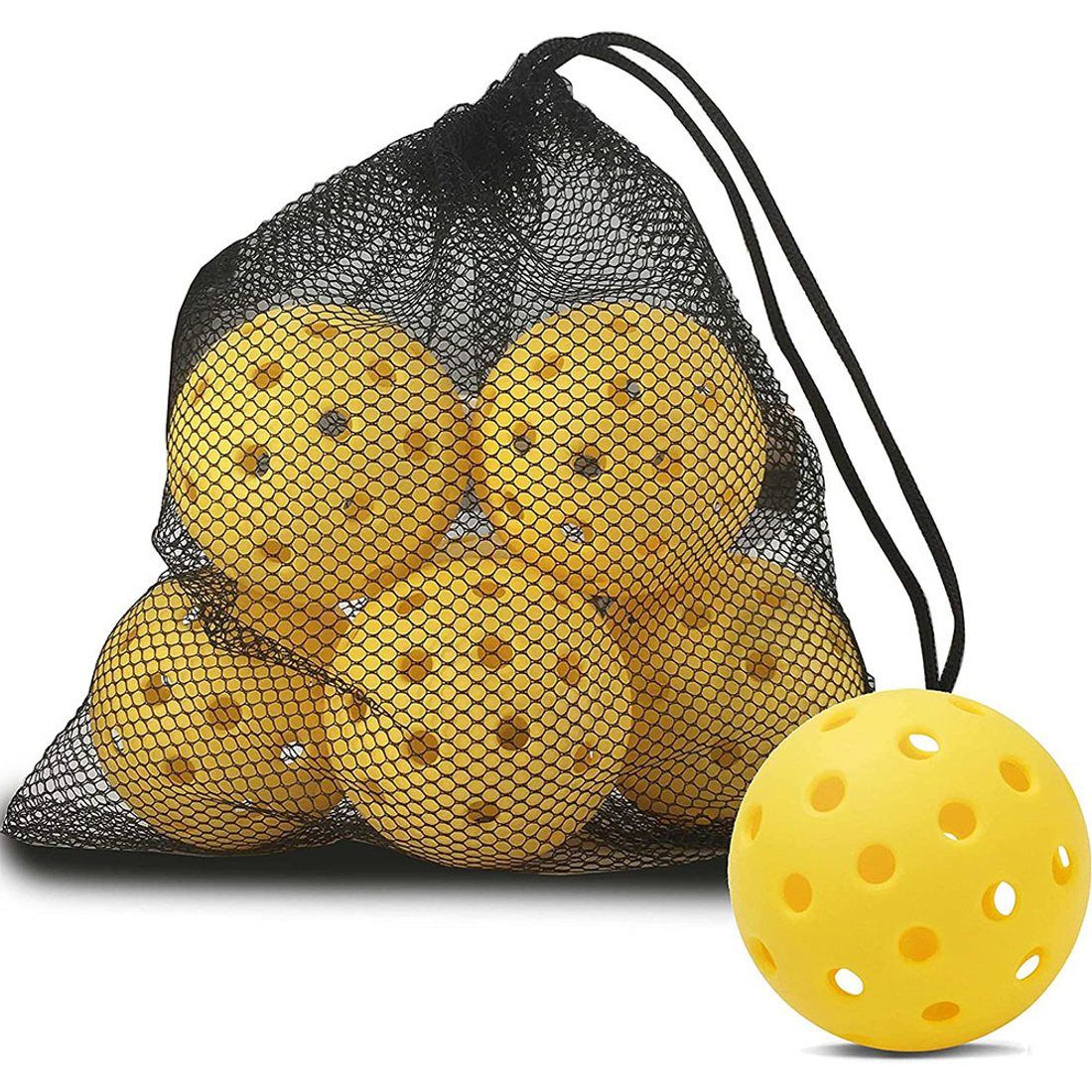 Six 40-hole outdoor pickleballs in a branded mesh bag, a retail multipack format for stores
