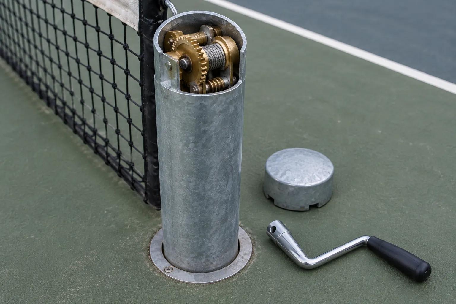 Top of a round galvanized net post with its cap lifted off to show a brass gear winder, the cap and a chrome crank handle lying on the court beside it, and a steel ground sleeve collar flush with the surface at the base