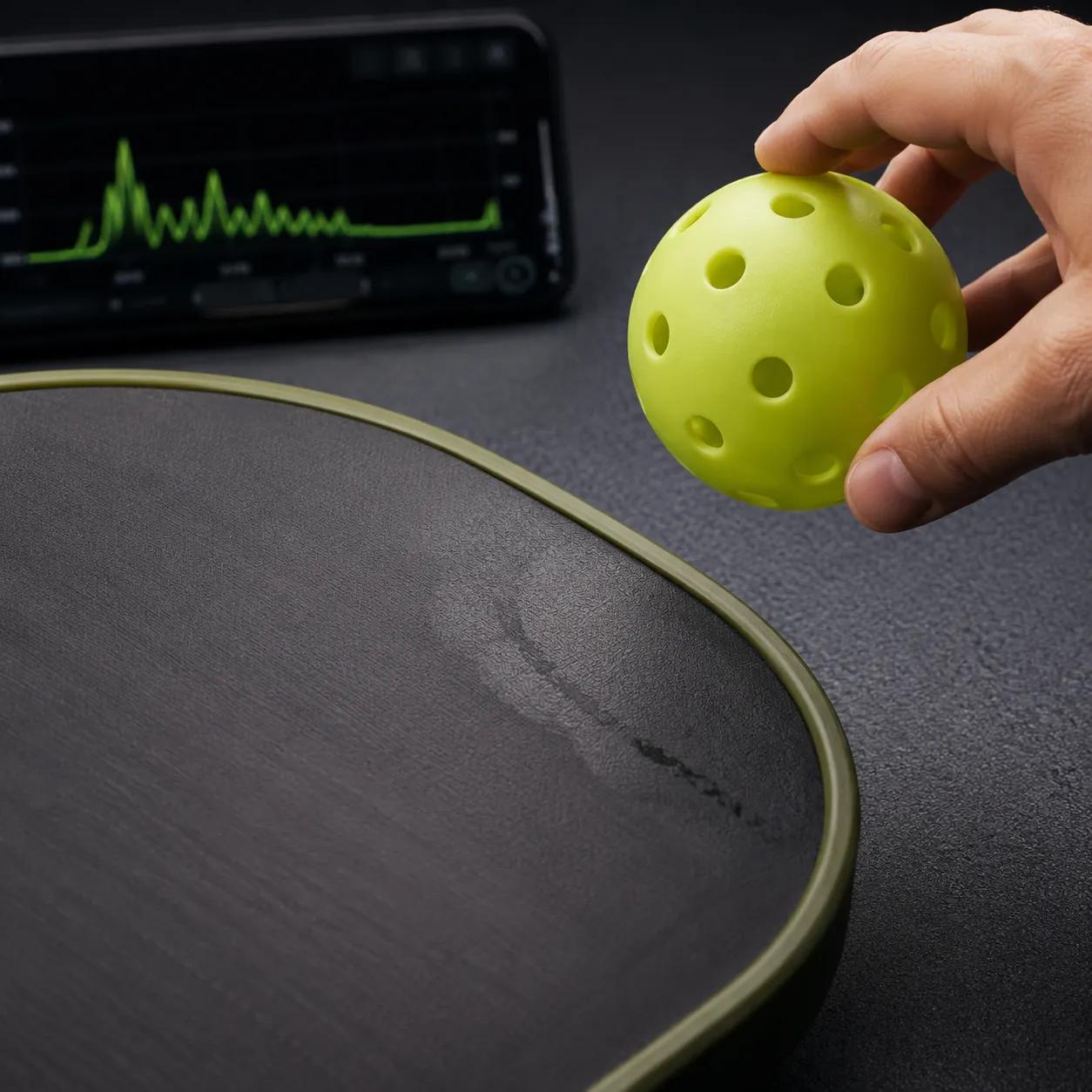 Hyper-realistic product photography, close-up of a pickleball paddle face near the edge guard, visible moisture stain and slight bulge on the surface, a hand holding a ball about to perform a tap test, a smartphone with frequency analyzer app in the background, dim studio lighting emphasizing texture, clean composition, no text, no brand logo