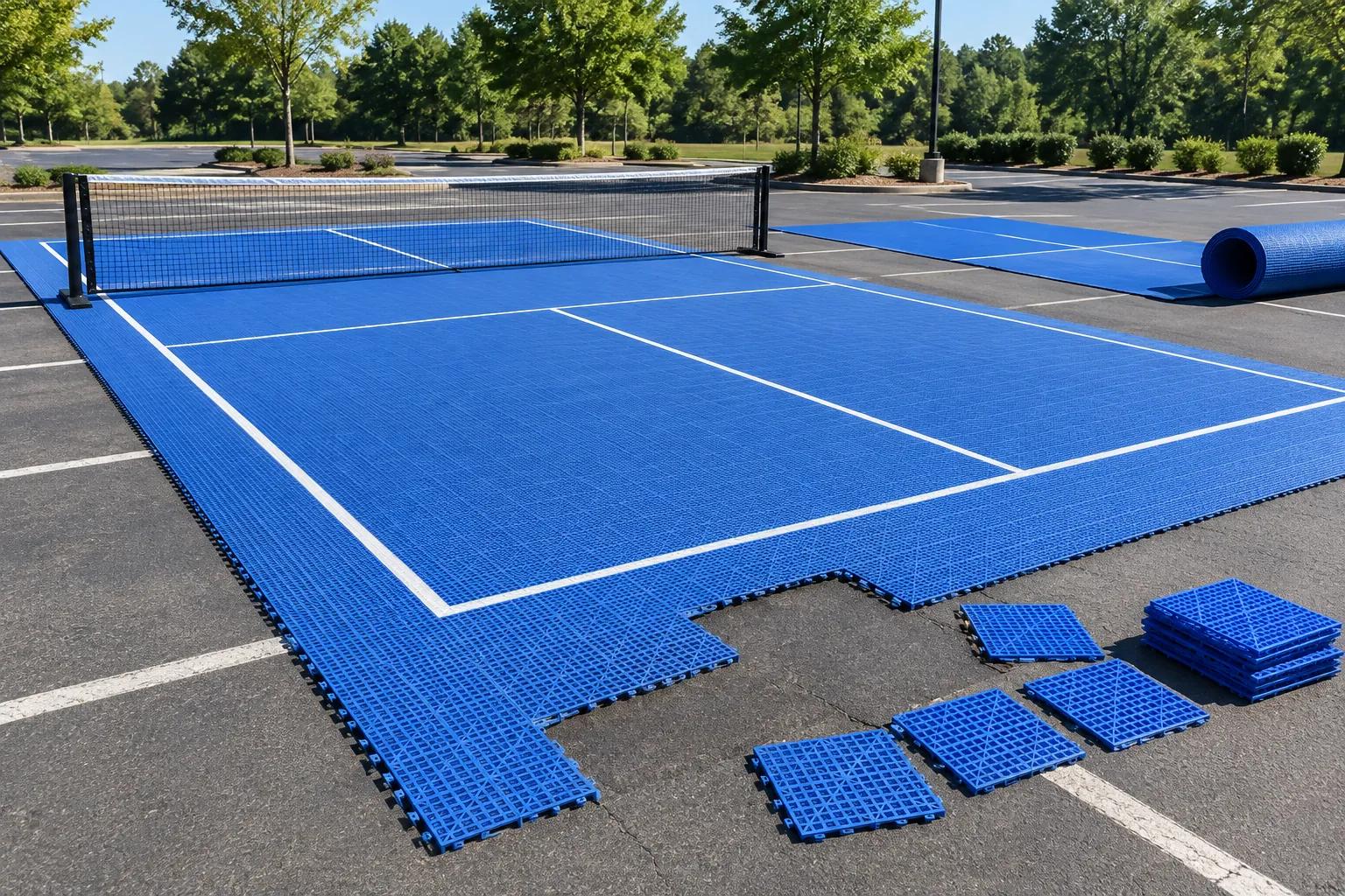 A temporary pickleball court of blue open-grid interlocking polypropylene tiles laid loose on an asphalt parking lot, one corner unfinished with loose tiles beside it, and a blue roll-out court mat partly unrolled on the asphalt behind
