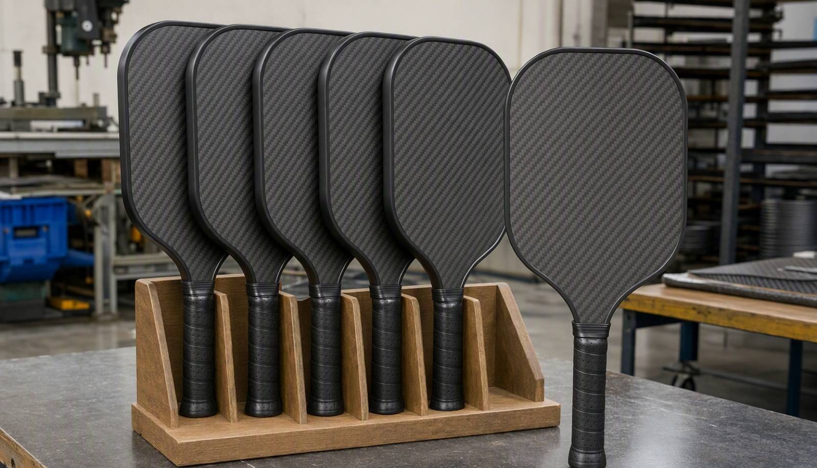 Approved golden sample pickleball paddle held beside its signed specification sheet on a factory bench