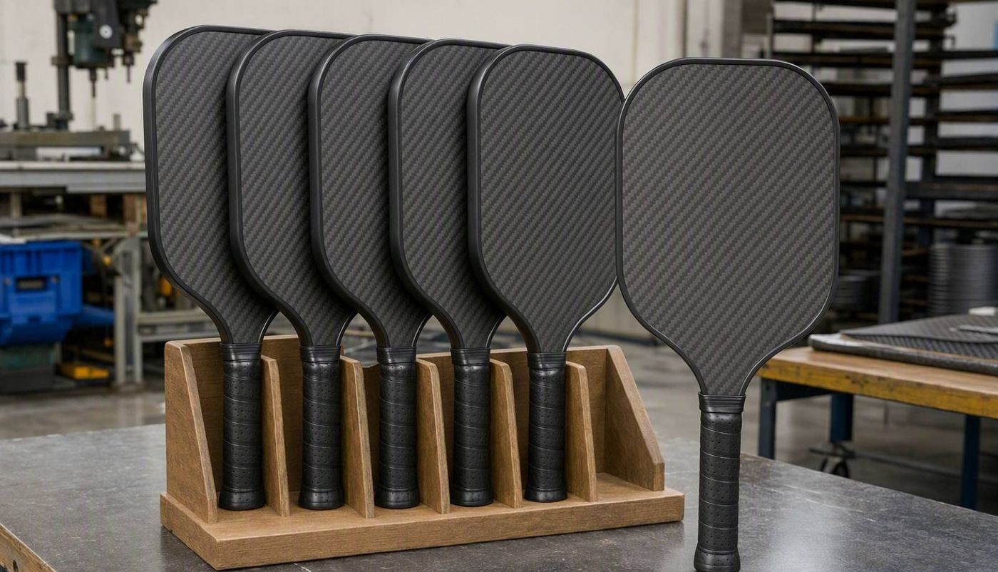 five identical custom pickleball paddles in a wooden sample rack on a factory bench