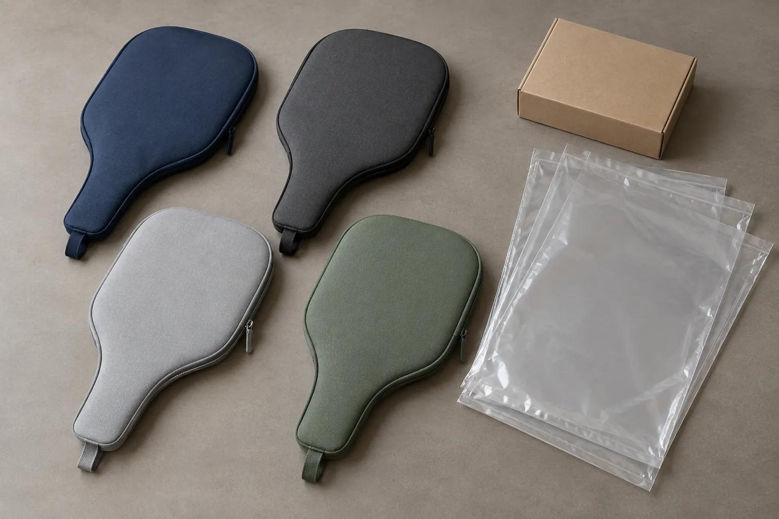Illustration of four sleeve colours with transparent packing bags and a blank carton