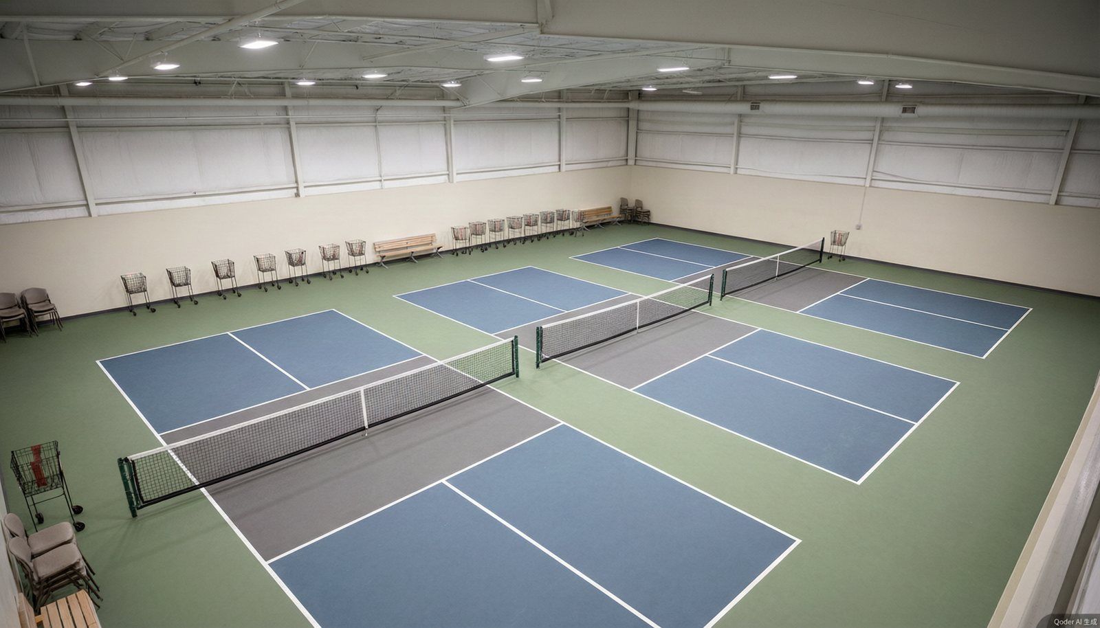 Multi-court pickleball facility layout with regulation courts