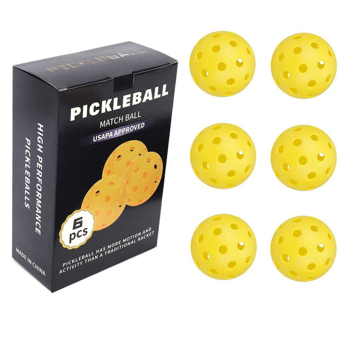 USAPA-approved 6-pack retail box of 40-hole outdoor pickleballs with yellow balls