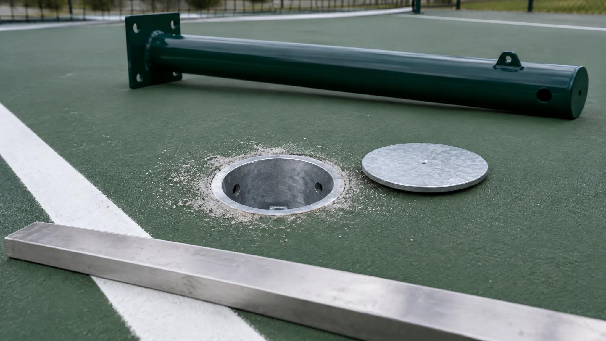 A galvanised steel ground sleeve set flush into a green acrylic pickleball court surface beside the white sideline, its round flush cap lying on the court next to it, a green steel net post resting on the surface behind, and a plain steel straight edge across the foreground