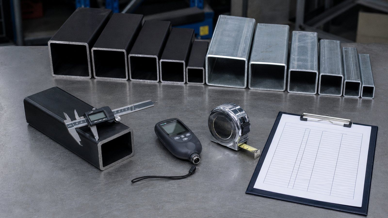 Inspection bench with digital caliper, coating thickness gauge and square steel tube offcuts in several wall thicknesses, powder-coated and galvanised