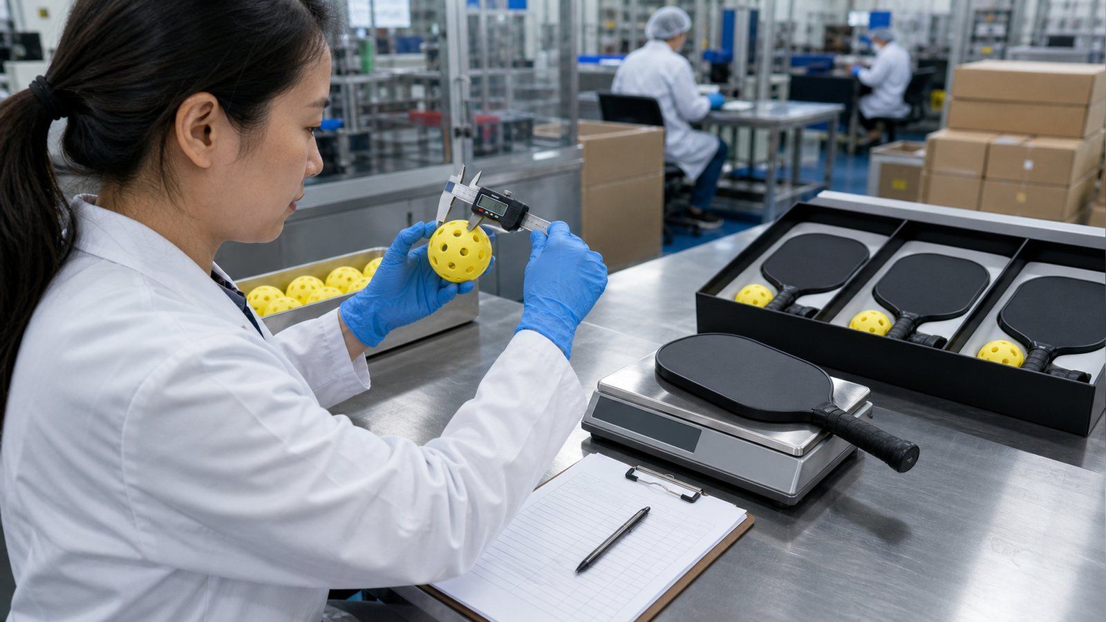 Quality inspector in a white coat and blue gloves measuring a yellow pickleball with a digital caliper at a factory QC bench, with a digital scale, an open inspection log and a tray of assembled retail set boxes beside her