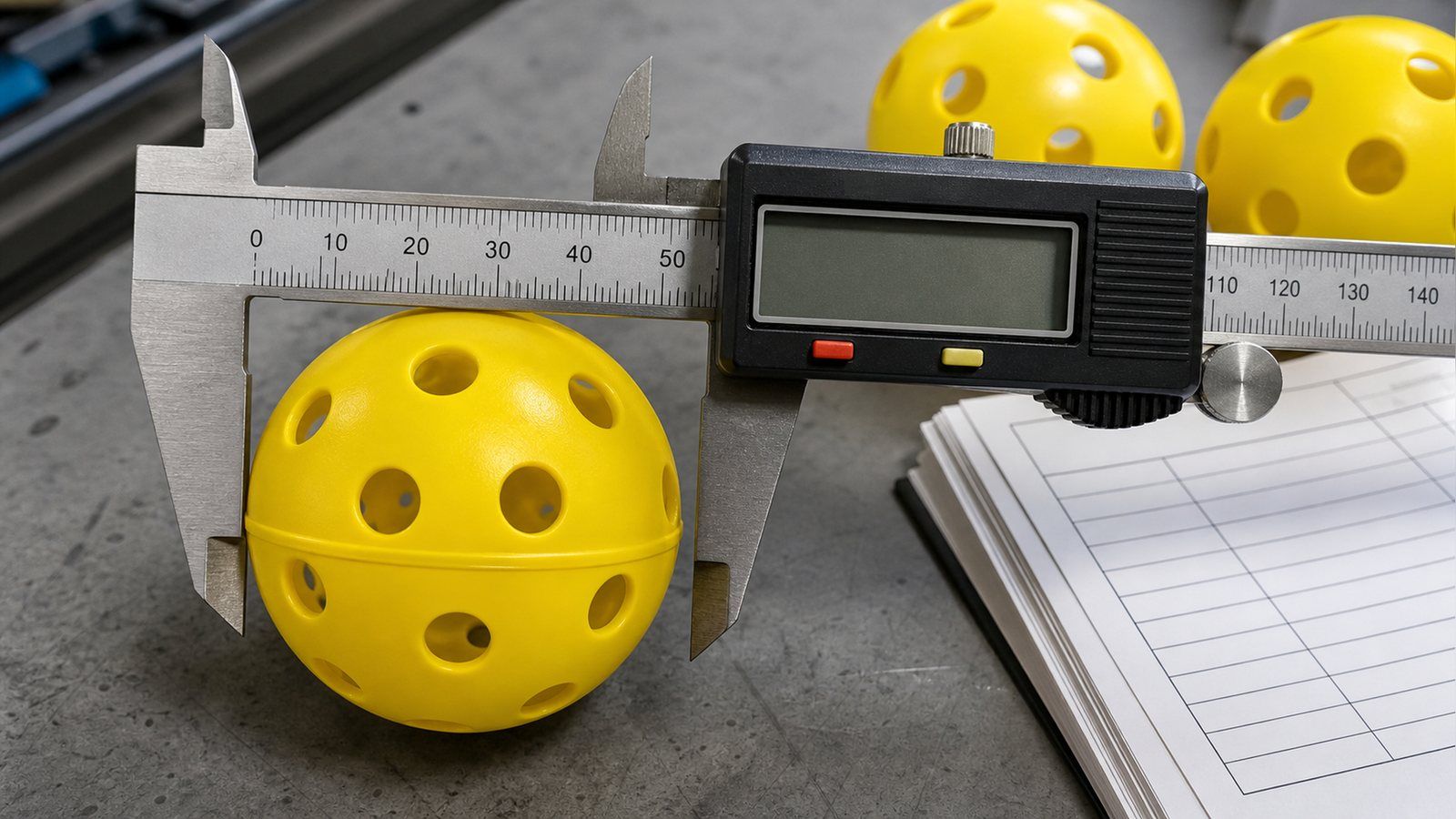 Digital caliper measuring the diameter of a perforated pickleball on an inspection bench, with the moulded seam ridge visible