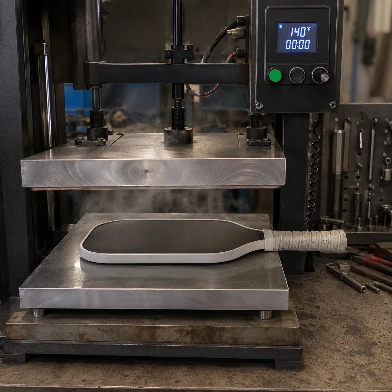 Hyper-realistic industrial photography, a pickleball paddle clamped between two aluminum plates in a heated press, steam rising slightly, control panel showing 140F timer, factory setting with metal tools nearby, even lighting, clean composition, no text, no brand logo