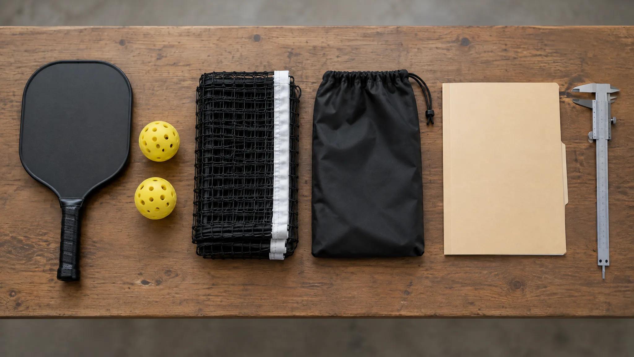 Overhead view of a pickleball paddle, two yellow perforated balls, a folded net, a black drawstring bag, a closed manila folder and a steel caliper laid in a row on a wooden bench
