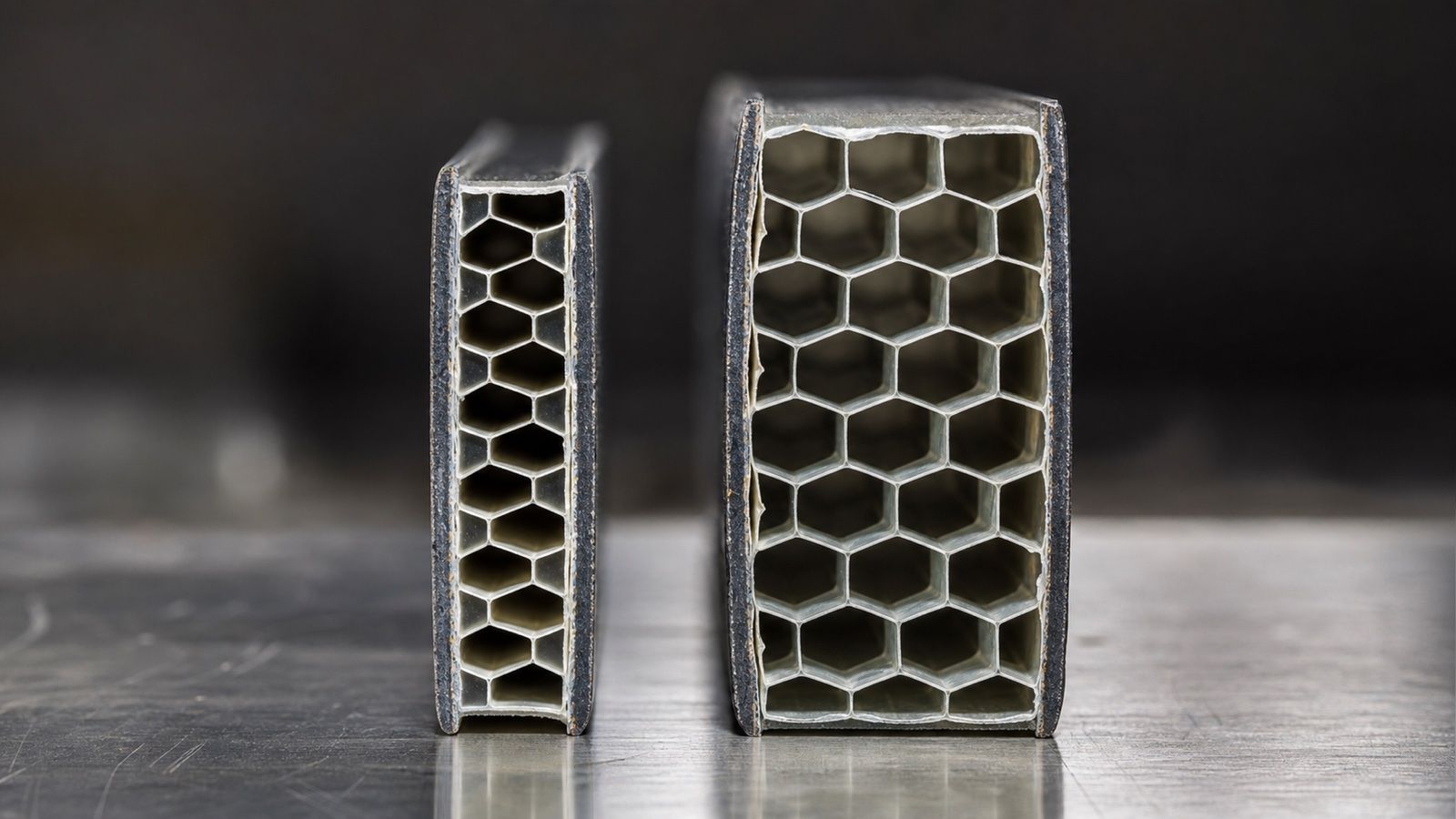 Macro photograph of two pickleball paddle edge cross-sections standing on a steel bench, the left noticeably thinner than the right, both showing internal hexagonal polypropylene honeycomb cells between thin composite face skins