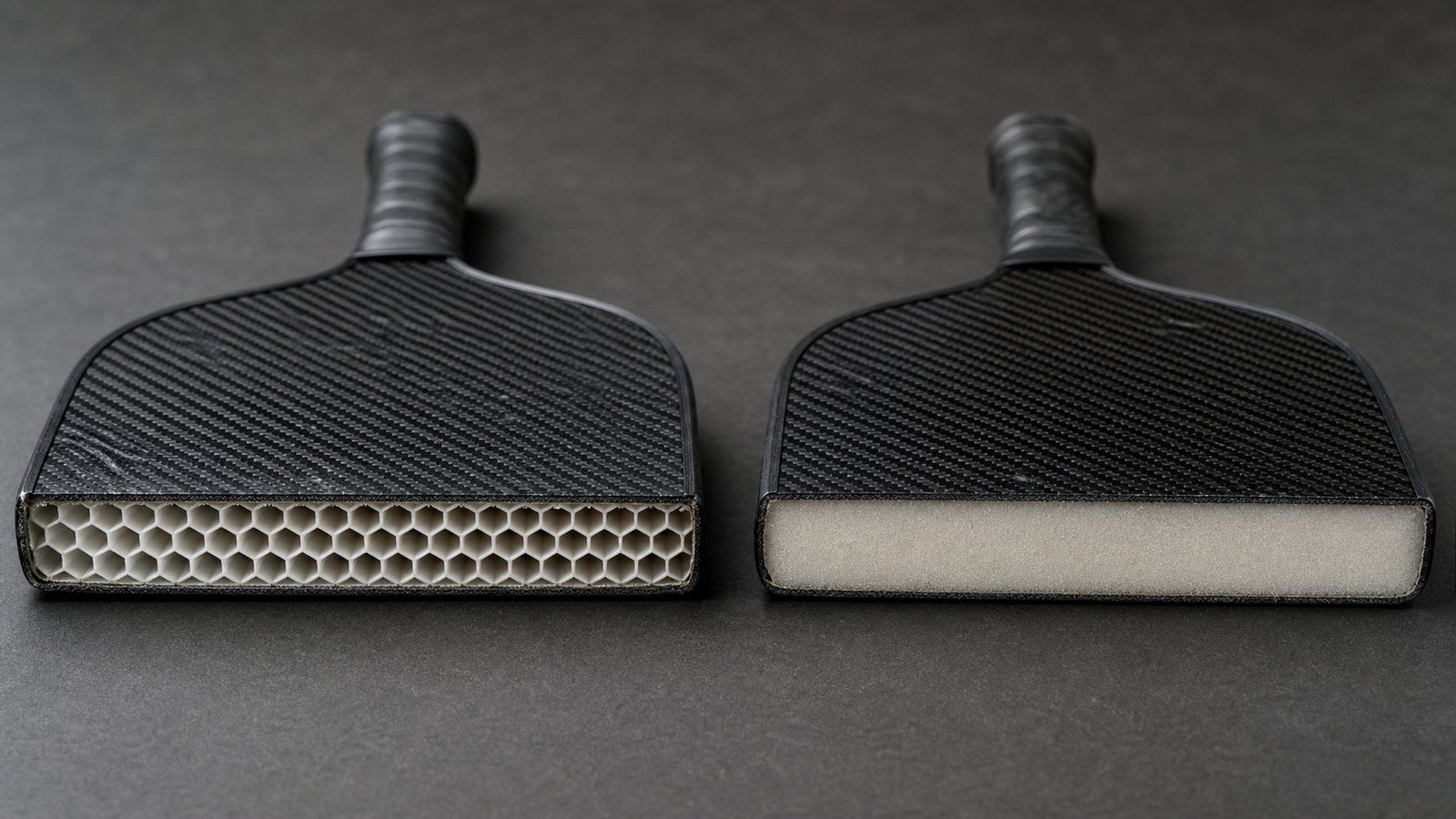 Cutaway view of a pickleball paddle showing the polypropylene honeycomb core sandwiched between two composite face skins