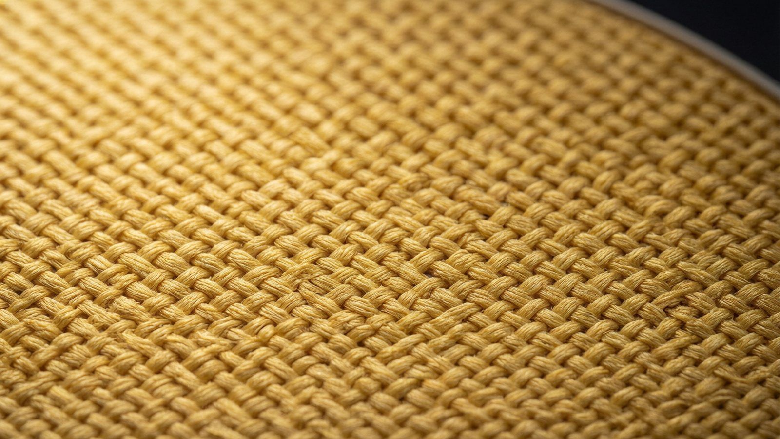Close-up of a woven golden-yellow para-aramid fabric of the kind used as a pickleball paddle face reinforcement, with the plain-weave pattern visible across the frame
