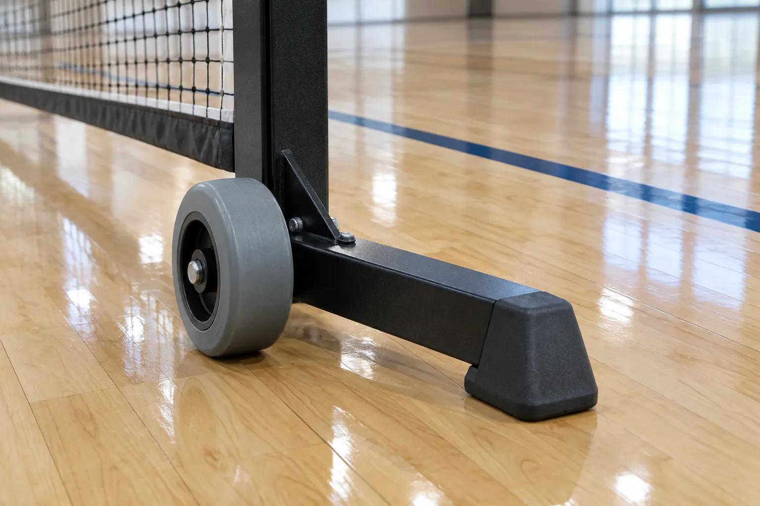 Close-up of a portable pickleball net base on a glossy maple gym floor, with a wide grey non-marking wheel and a black rubber foot resting on the wood and no tape on the floor