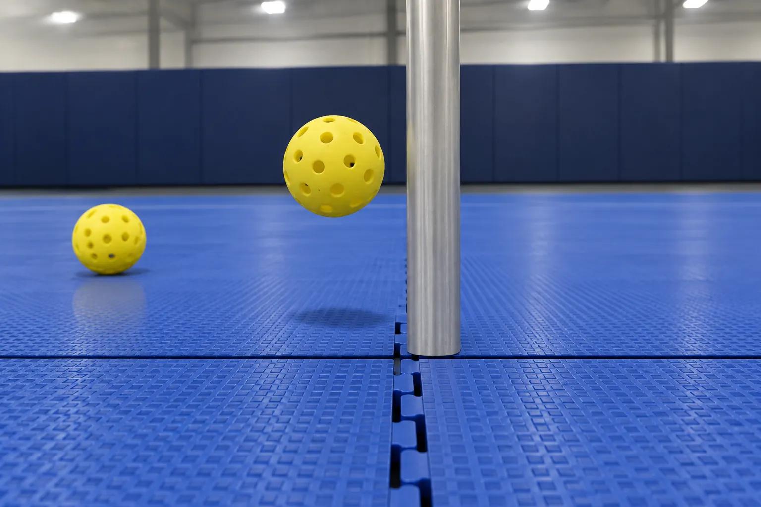 A yellow pickleball falling beside a plain vertical aluminium pole onto the joint between two blue interlocking court tiles, with a second ball resting on a tile centre nearby