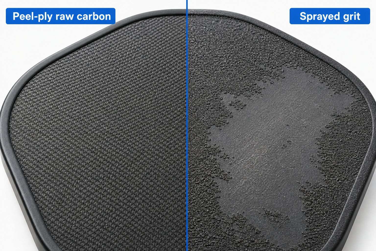 Macro comparison of pickleball paddle surface texture: peel-ply raw carbon weave versus a sprayed grit coating worn smooth