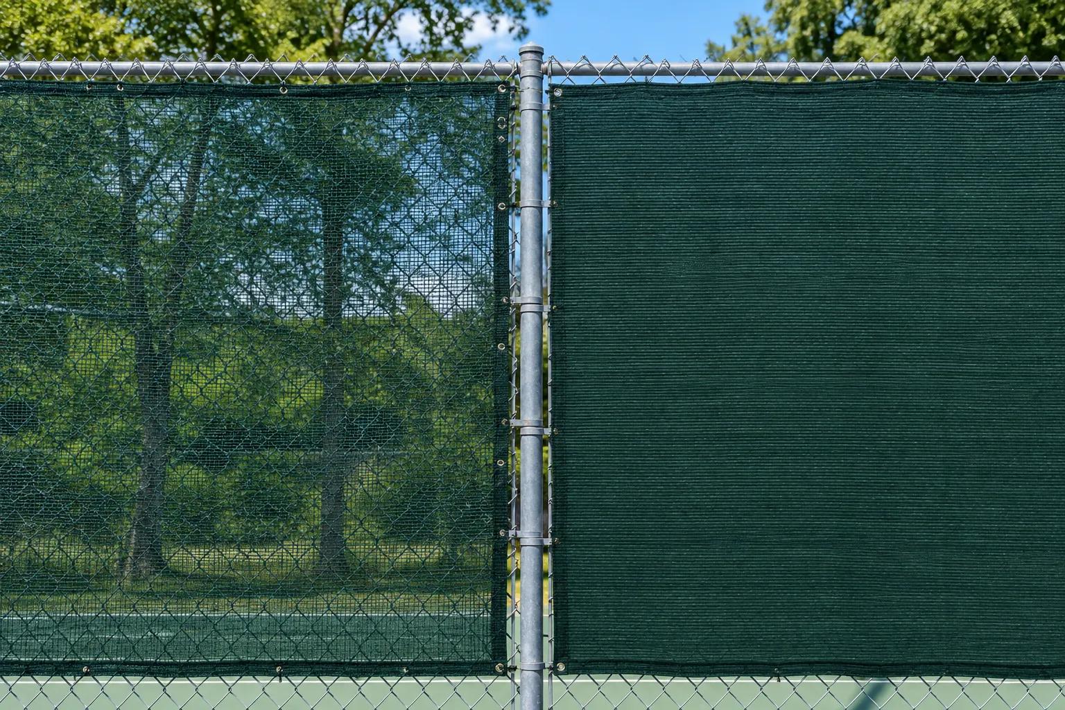 Two dark green court windscreen fabrics side by side on the same chain-link fence: on the left an open-weave mesh through which the trees behind can be seen, on the right a tightly woven closed mesh that blocks the view