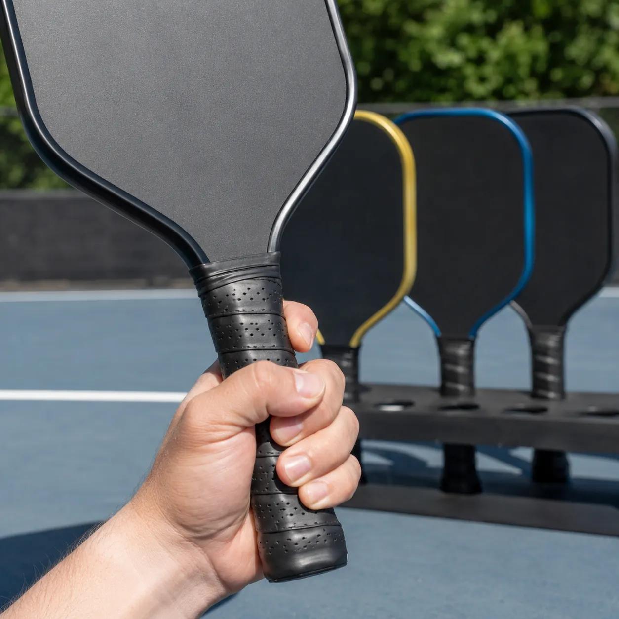 A player&rsquo;s hand closed around the perforated black overgrip of a pickleball paddle, with a rack of paddles behind on an outdoor court