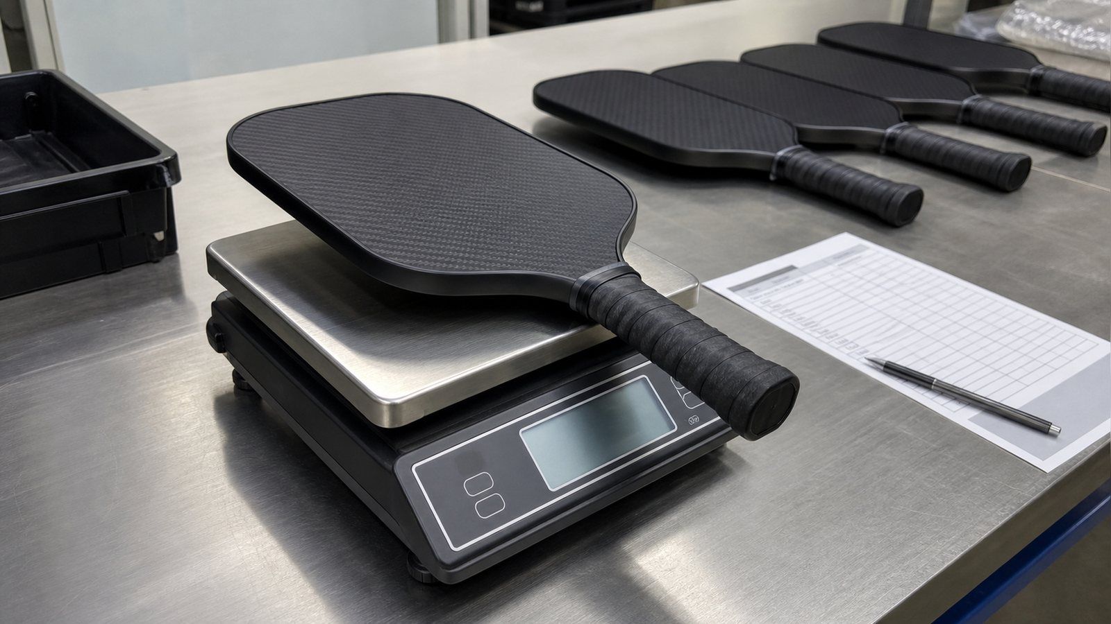 Pickleball paddle being weighed on a digital scale during production quality control before packing