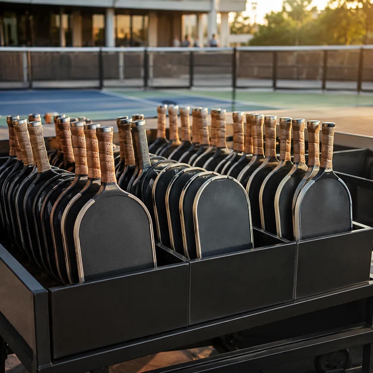 Hyper-realistic product photography, a stadium or club event setup with rows of pickleball rental paddles organized by size on a cart, venue background slightly blurred, golden hour lighting, clean and systematic arrangement emphasizing planning, no text, no brand logo