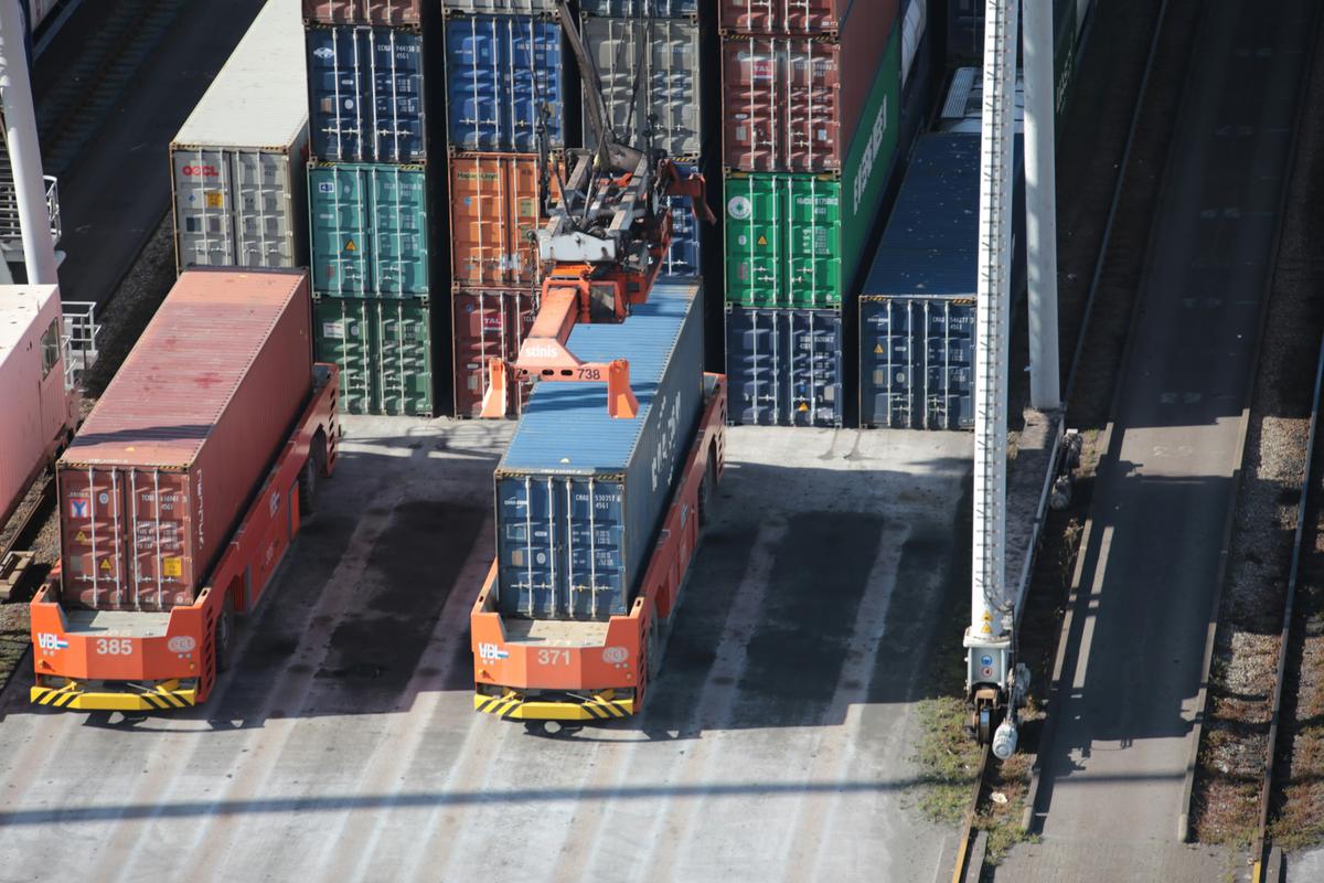 Loaded shipping containers on terminal transporters moving between stacked container rows at a marine terminal