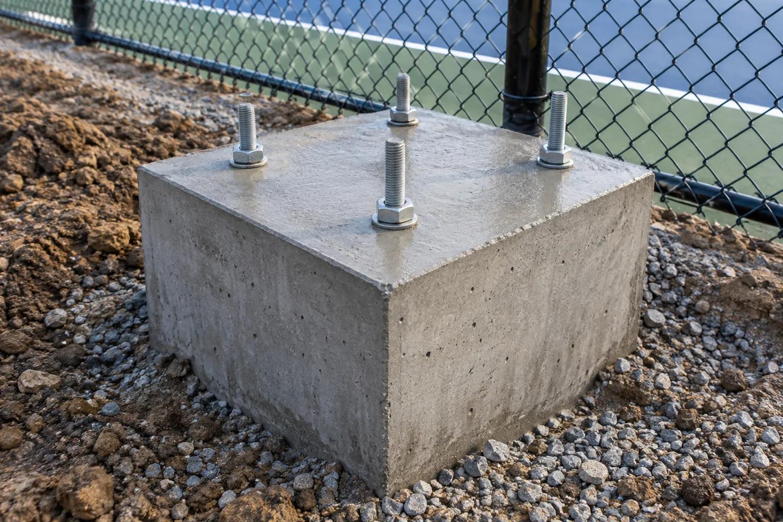 A cured square concrete footing beside a court fence with four threaded anchor bolts waiting for a pole base plate