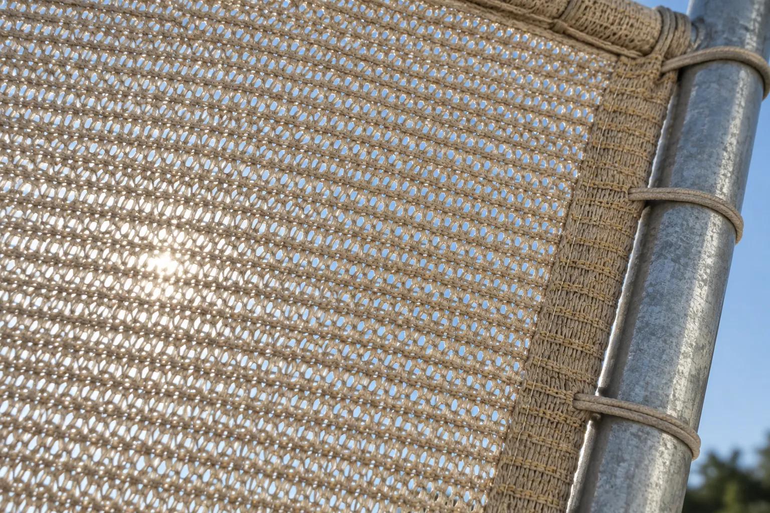 Close-up of sand-coloured knitted HDPE shade fabric stitched to a galvanized steel frame tube, with sunlight passing through the open knit