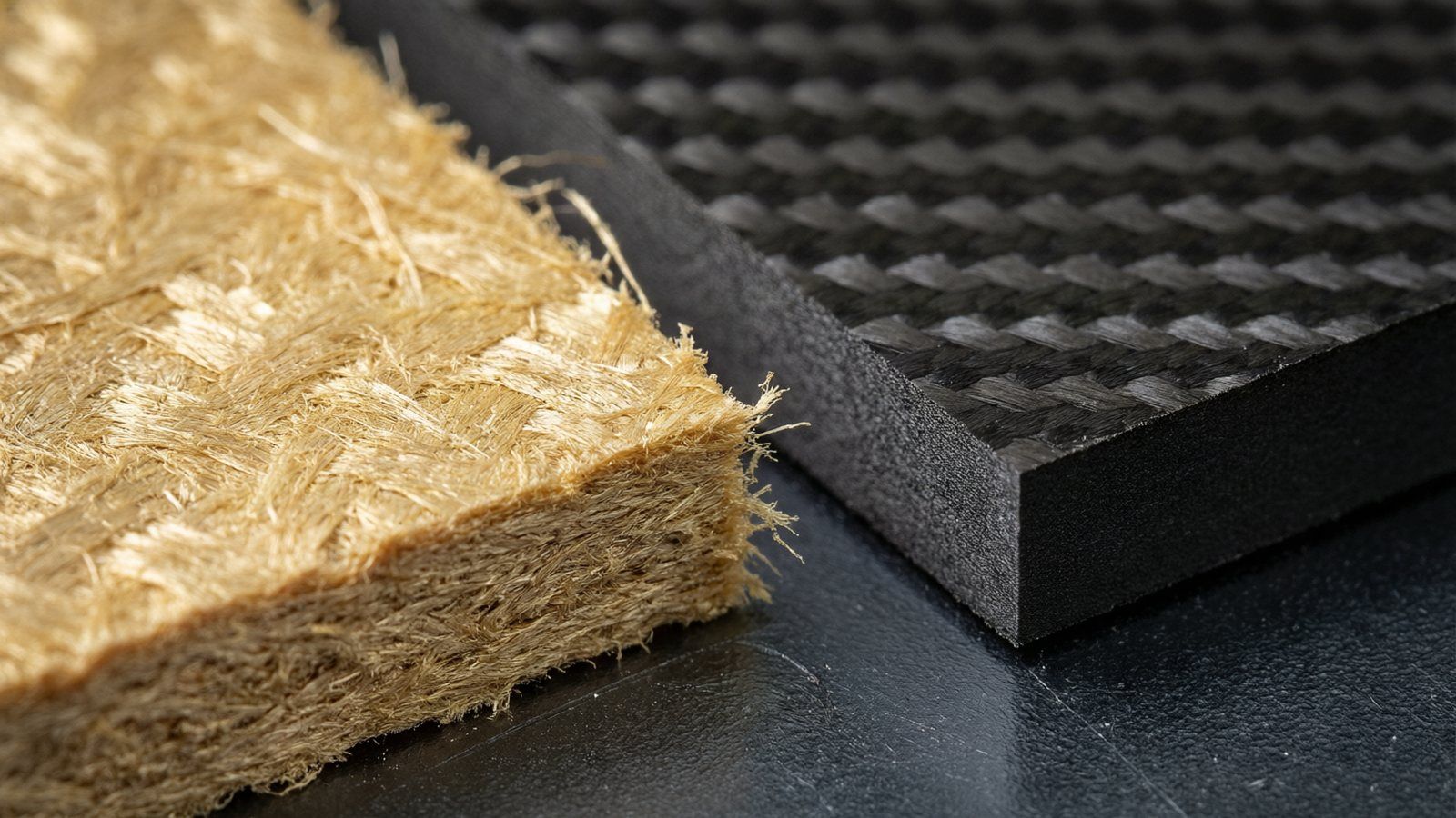 Macro view of a cut edge of an aramid-composite paddle face panel showing fine frayed fibre filaments fuzzing along the cut line, beside a clean cut carbon-fibre panel for contrast