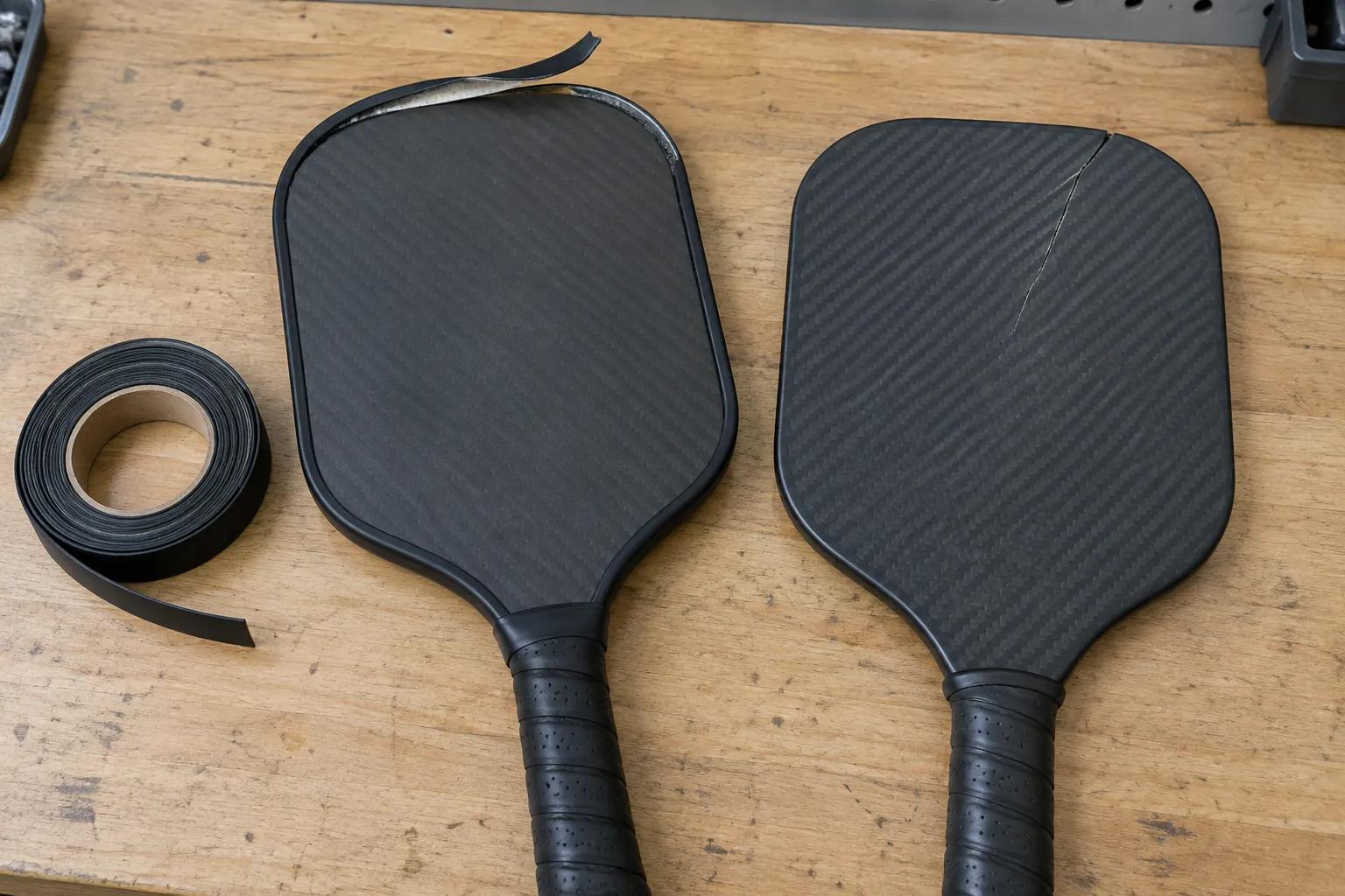 Two returned pickleball paddles on a wooden bench: one with its black edge guard peeling away from the top edge beside a roll of edge guard tape, the other an edgeless paddle with a crack running from the rim into the face