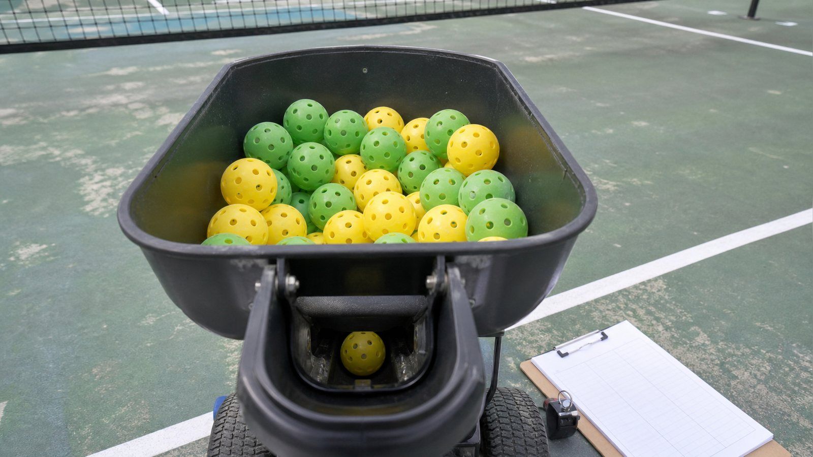 Looking down into a pickleball machine hopper of mixed yellow and green balls with one ball entering the feed throat, a tally sheet and counter alongside