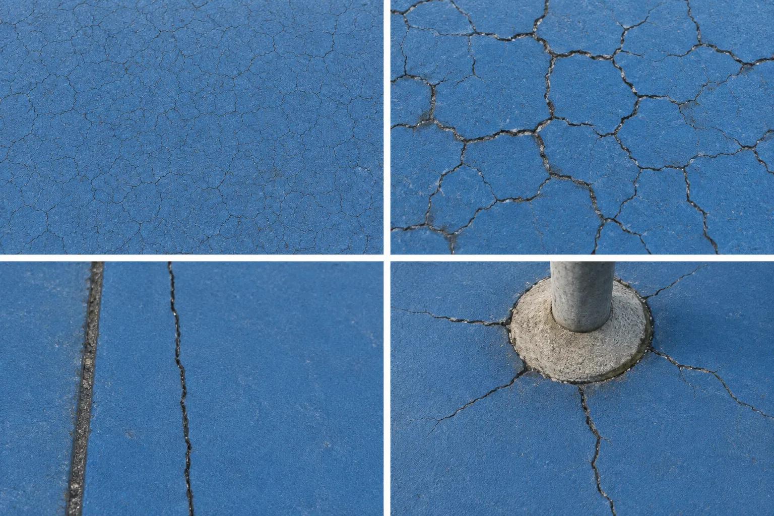 Four close-up panels of cracks in a blue acrylic-coated asphalt court: a fine web of hairline cracks, a random interconnected shrinkage pattern, a single straight crack running beside a paving seam, and cracks radiating from a round concrete post footing