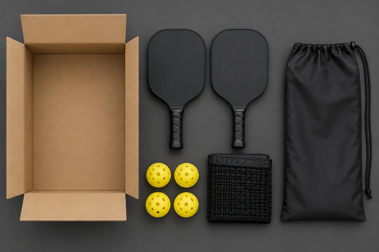 Flat lay of an opened plain corrugated carton beside two pickleball paddles, four yellow perforated balls, a folded net and a black drawstring bag on a dark grey surface
