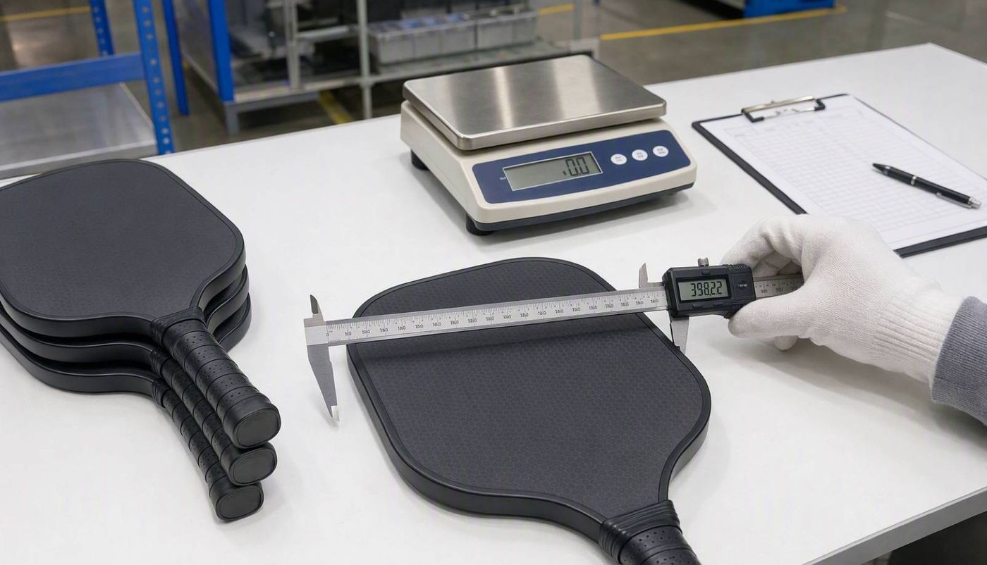 factory quality control measuring a black pickleball paddle with a digital caliper on a white bench