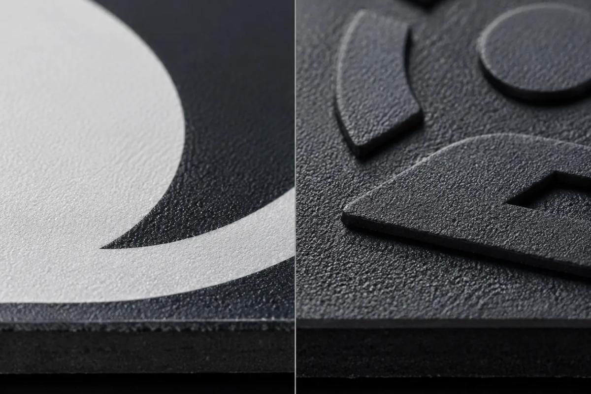 Split macro view of two pickleball paddle faces, a flat printed graphic on a textured face beside a raised moulded graphic on a textured face