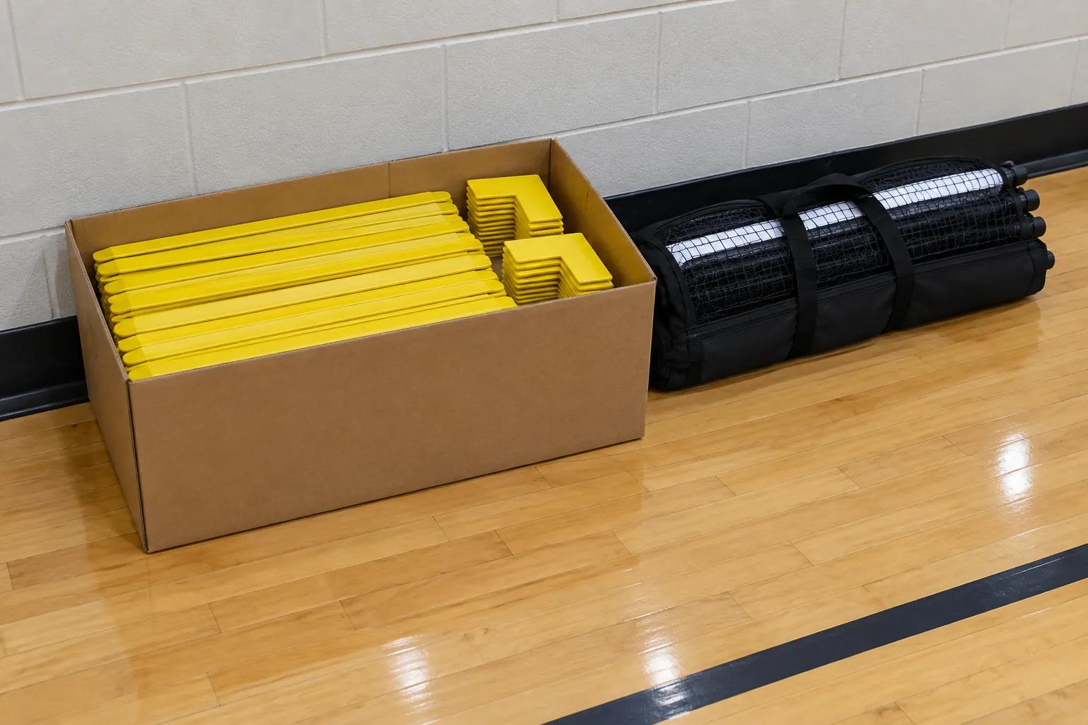 An open plain cardboard carton on a maple gym floor holding stacked flat yellow line strips and L-shaped corner pieces, with a rolled portable net in a black bag beside it
