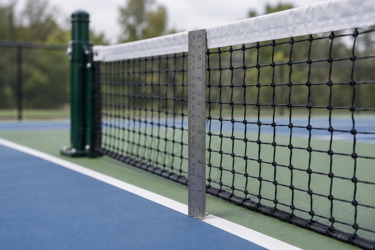 A steel measuring rule standing vertically on the court surface at the white sideline, reaching up to the white binding tape along the top edge of a black pickleball net, with the green net post out of focus behind
