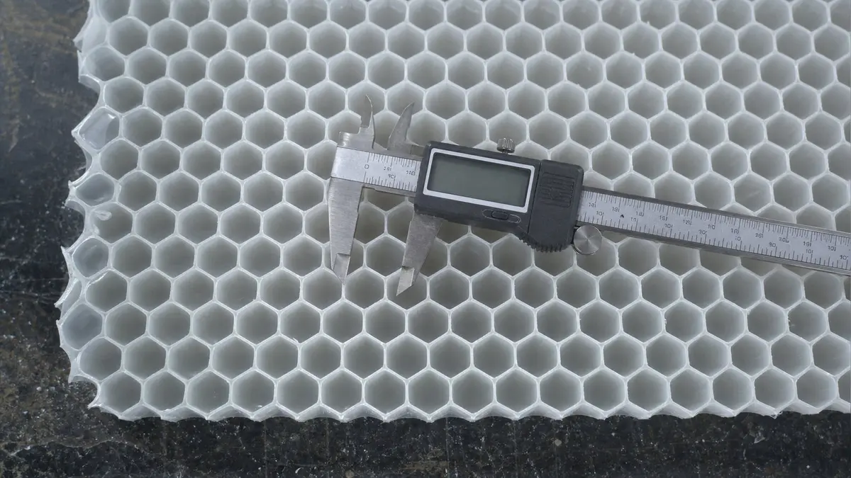 Macro view of polypropylene honeycomb core cells showing the hexagonal cell walls that determine core density