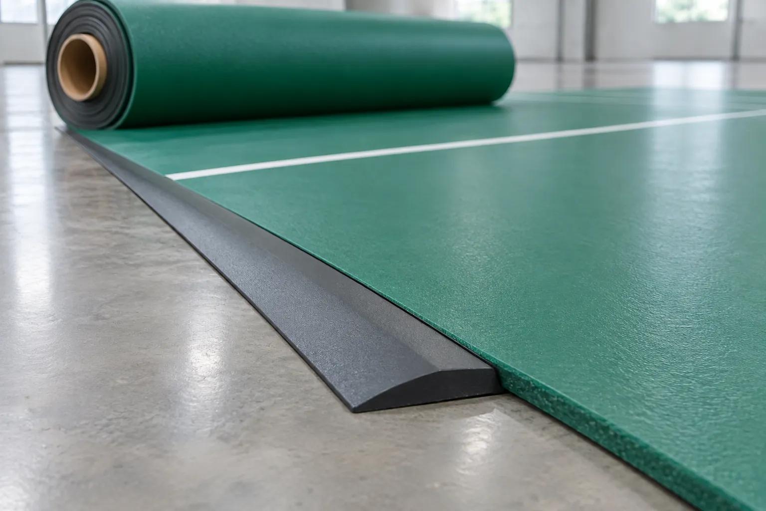 Edge of a green roll-out sport court mat on a polished concrete floor with a grey tapered rubber edge strip butted against it, and the rest of the mat still rolled on a cardboard core behind