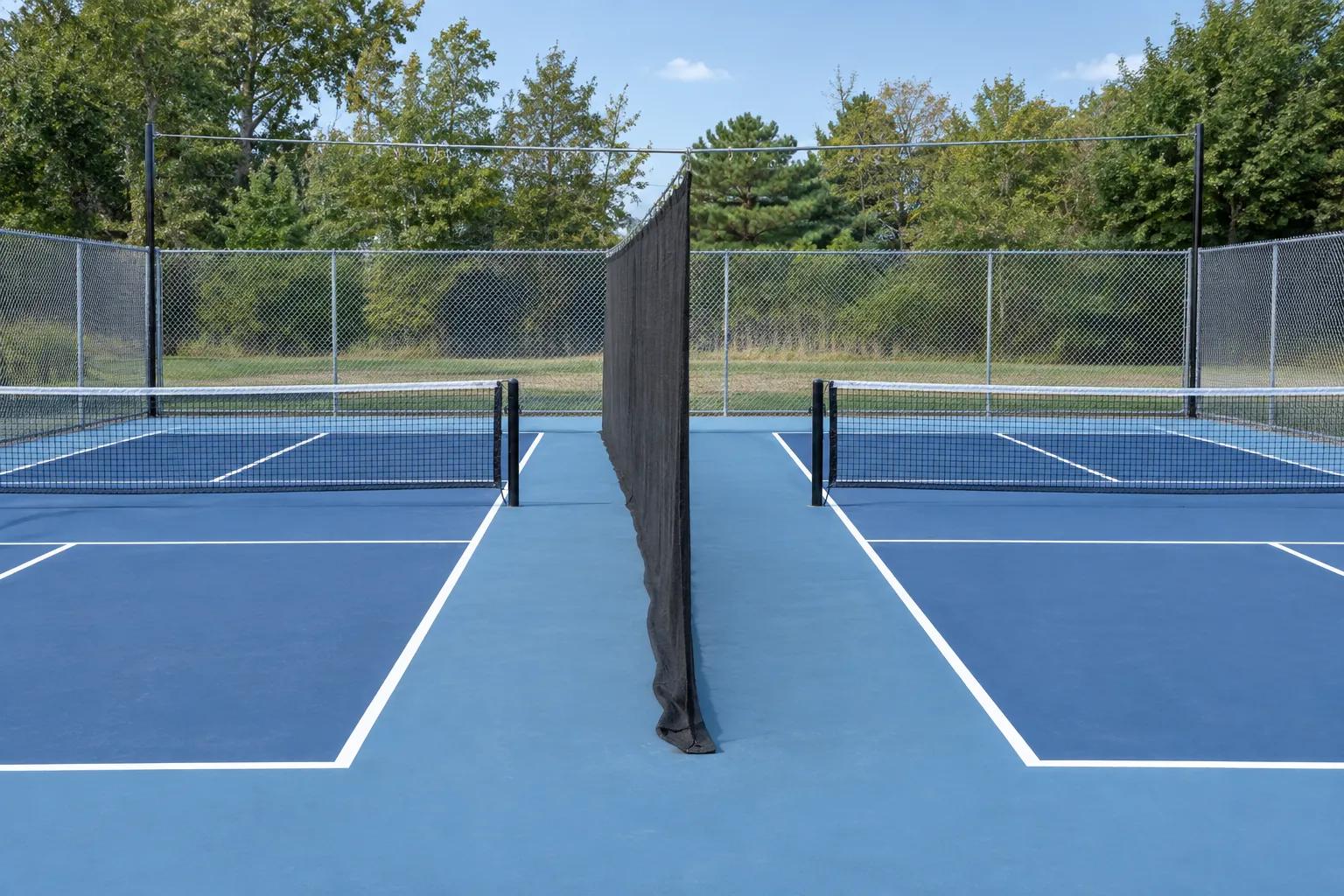 A dark mesh divider net hung from a steel top cable between two outdoor pickleball courts, its bottom edge resting loose on the court surface