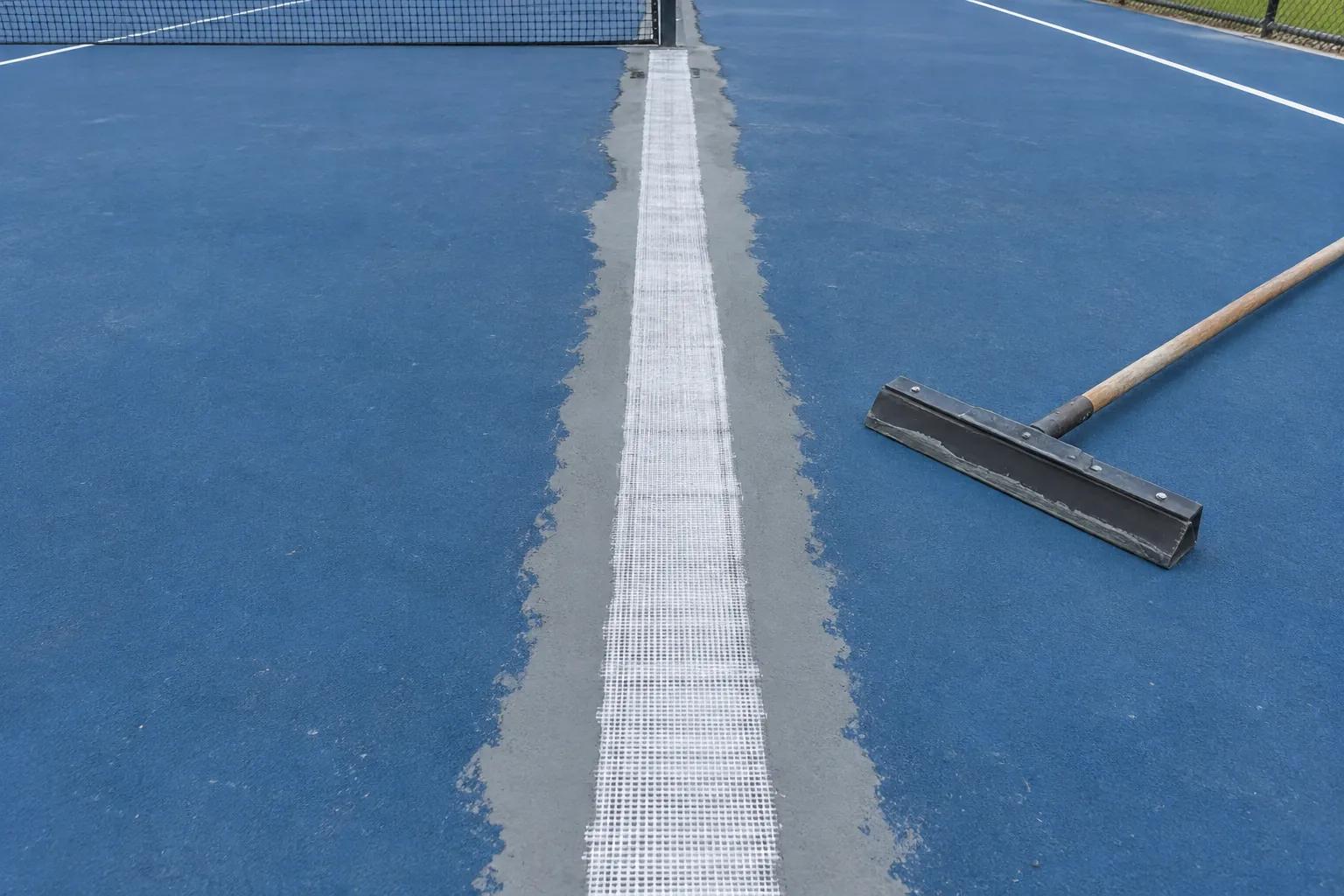 A strip of white woven crack-bridging fabric laid over a filled straight crack on a blue acrylic tennis court, its edges coated with grey acrylic resurfacer, a squeegee lying beside it and the net behind