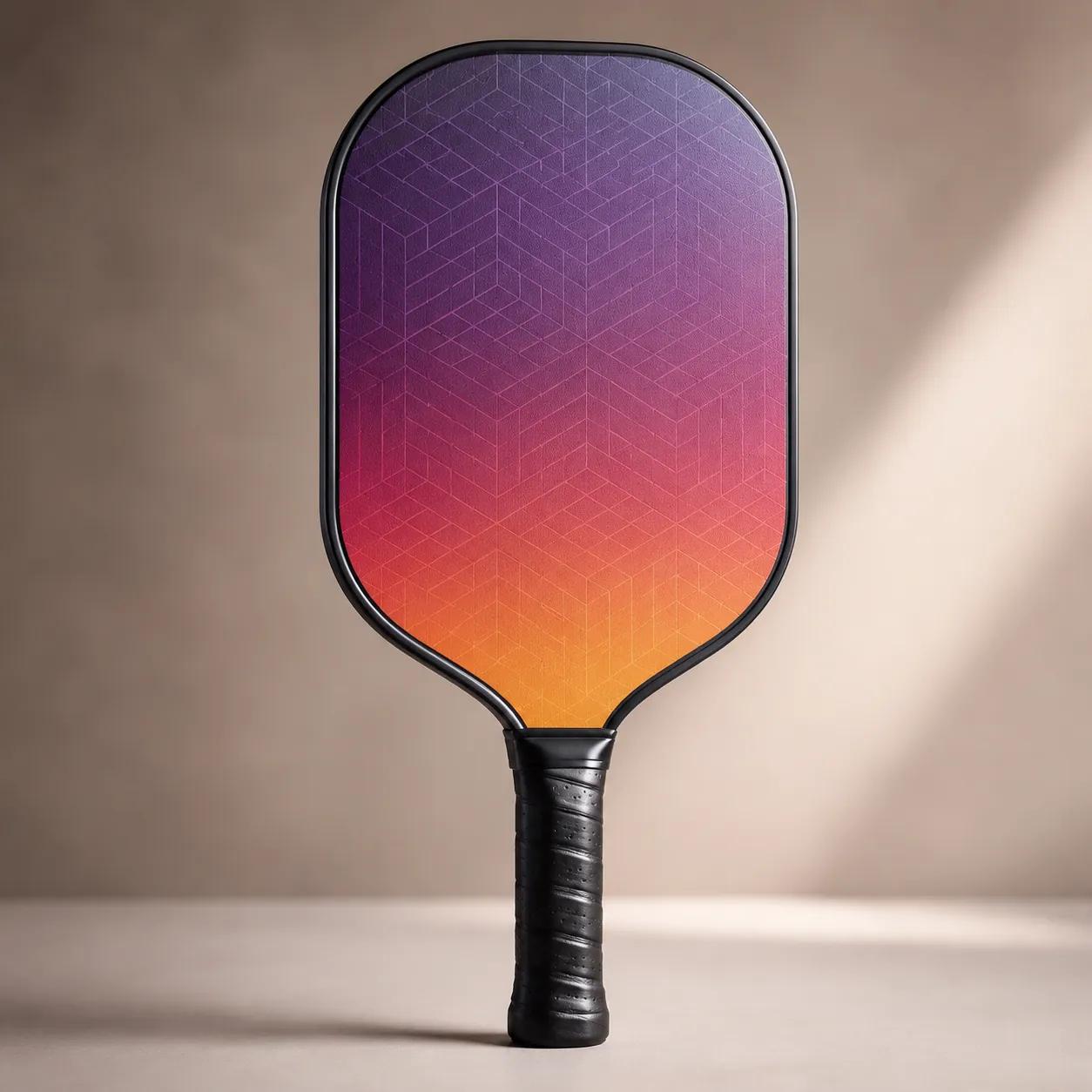 Hyper-realistic product photography, a single pickleball rental paddle with a custom color gradient and subtle engraved geometric pattern on the face, soft gradient lighting, elegant studio background, no text, no brand logo