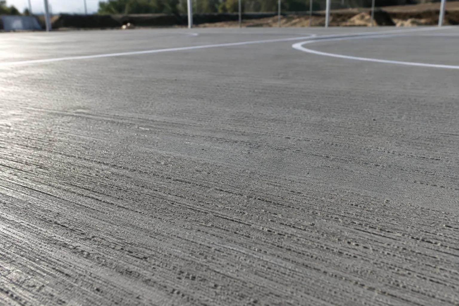 Close-up of a grey concrete court slab carrying a medium broom finish, with fine parallel striations running across the surface under raking light
