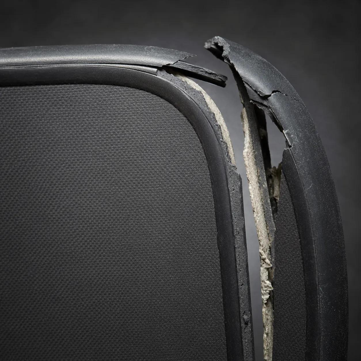 Hyper-realistic product photography, close-up of a pickleball paddle edge guard detaching from the paddle face, showing cracked rubber and exposed core, harsh top-down lighting to reveal stress points, no text, no brand logo
