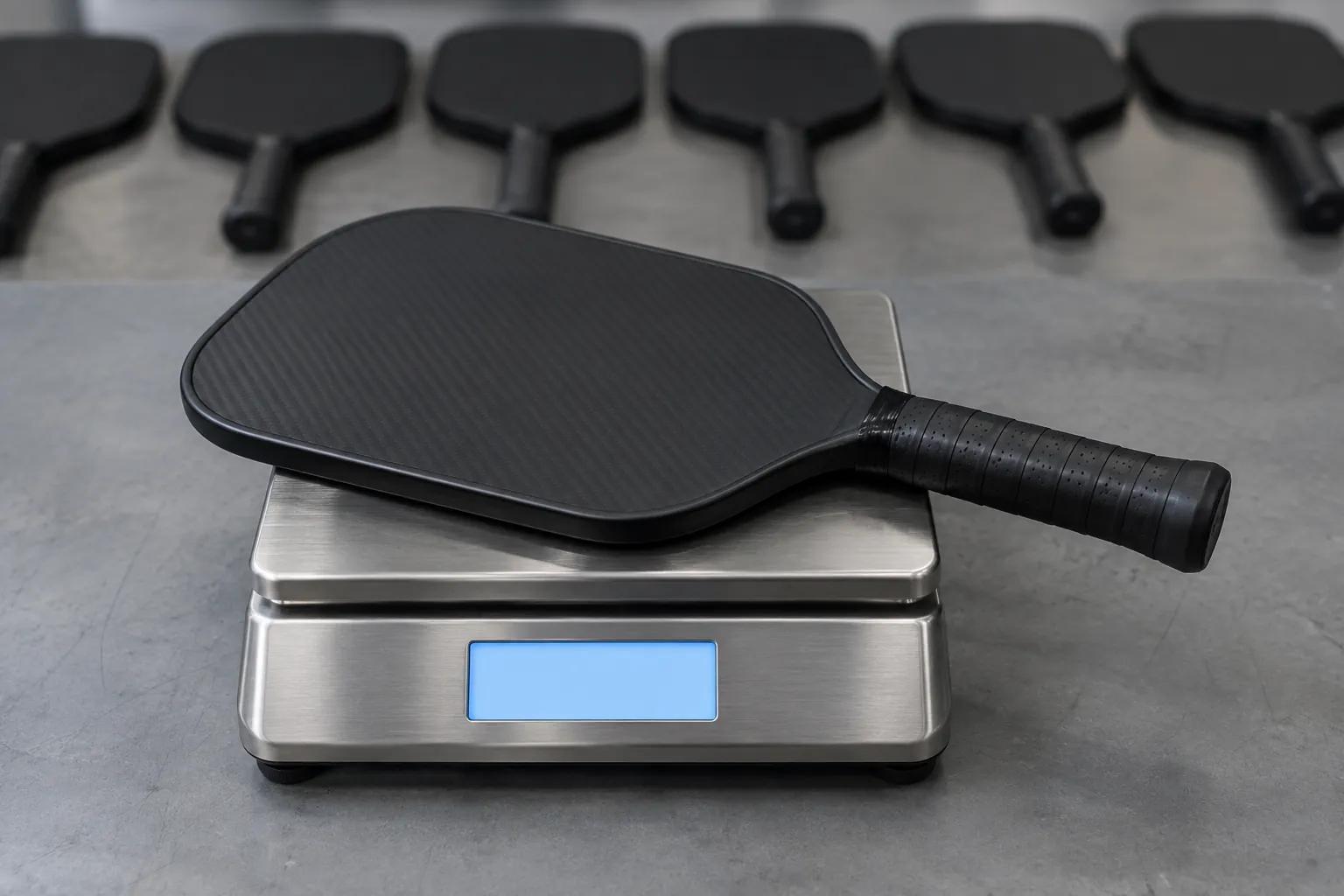 A black carbon-fibre pickleball paddle resting on a stainless steel digital bench scale, with a row of identical paddles out of focus behind it