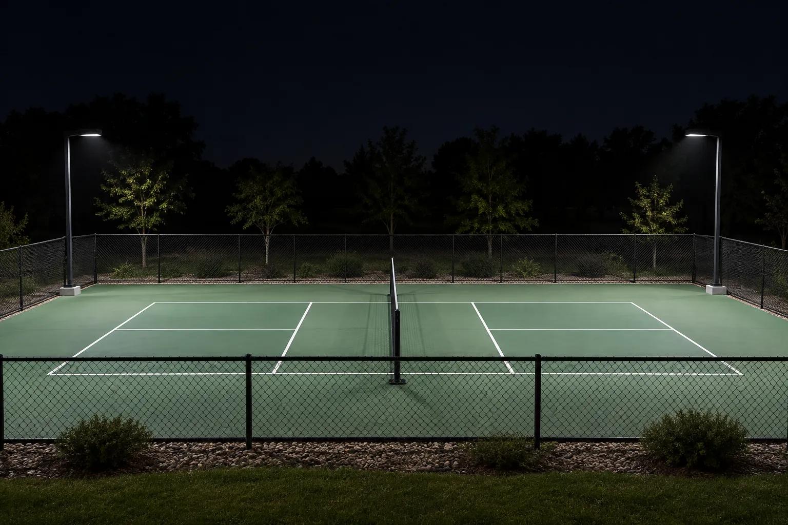 An outdoor pickleball court at night lit by flat downward-aimed LED fixtures on two low poles standing at the fence line